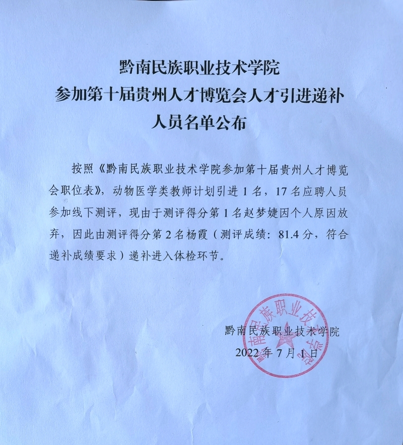 英超联赛中文官网参加第十届贵州人才博览会人才引进递补人员名单公布